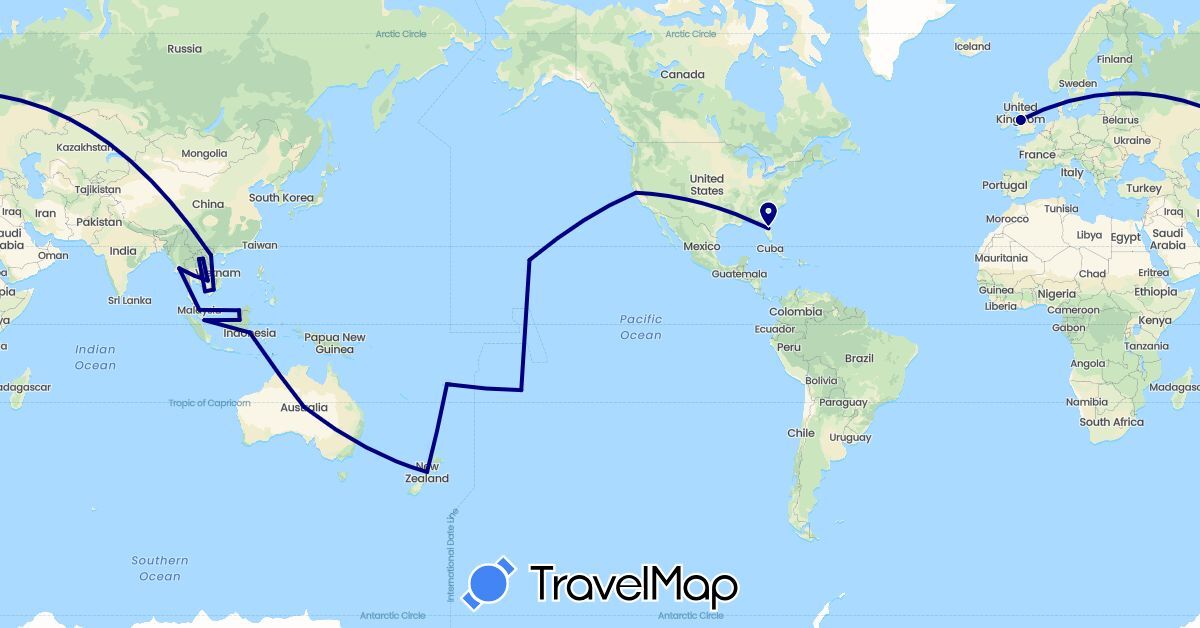 TravelMap itinerary: driving in Australia, Brunei, Cook Islands, Fiji, United Kingdom, Indonesia, Cambodia, Laos, Myanmar (Burma), Malaysia, New Zealand, Singapore, Thailand, United States, Vietnam (Asia, Europe, North America, Oceania)
